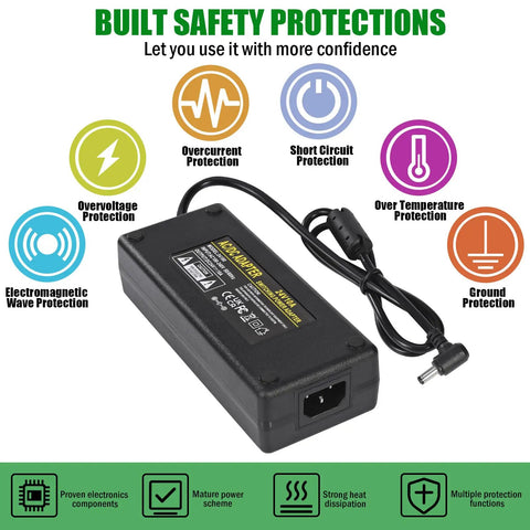 Beefy 24V 10A DC Power Supply Adapter with safety protections, black, 100-240V AC to 24V DC Converter, barrel jack visible