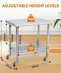 Mobile 30 By 24 Inch NSF Stainless Steel Workbench With Four Wheels And Hooks, Adjustable Height, in kitchen setting