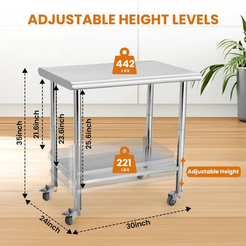 Mobile 30 By 24 Inch NSF Stainless Steel Workbench With Four Wheels And Hooks, Adjustable Height, in kitchen setting