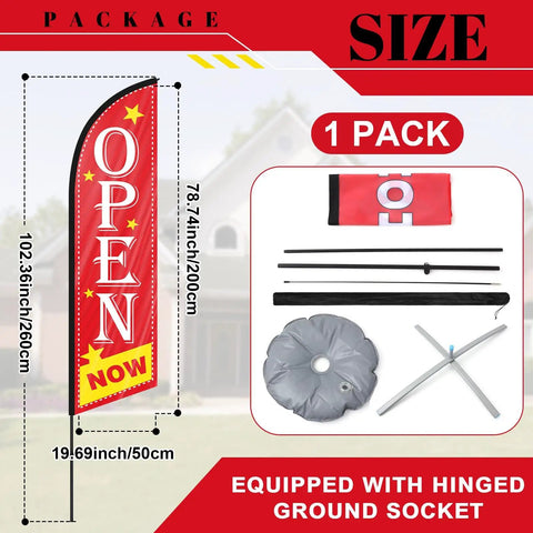 Now Open Feather Flag Pole Kit With Ground Stake Water Bag And Travel Bag Portable Outdoor Advertising Flag Banner displayed.