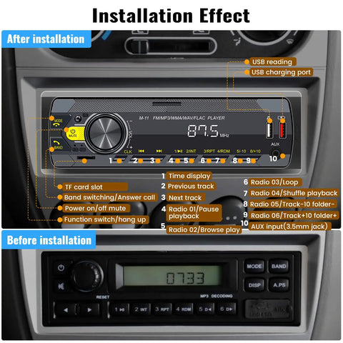 Single Din Car Stereo With Bluetooth 5.0 Hands Free Calling Voice Control FM Radio MP3 Player USB AUX installation effect