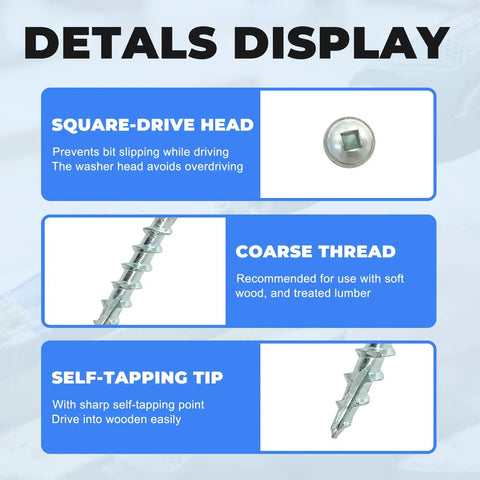 Pocket Hole Screws Assortment Kit 880 Pieces Size 8 Coarse Thread Zinc And Blue Coated details display square-drive head
