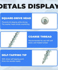 Details of Pocket Hole Screws Size Eight Two And A Half Inch, 700-Piece Zinc Plated Indoor Use with square drive head and coarse thread.