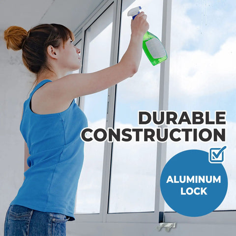 Woman cleaning window with Aluminum Thumb Turn Window Locks 4 Pack For Sliding Windows And Doors No Drill Install Kid Safe