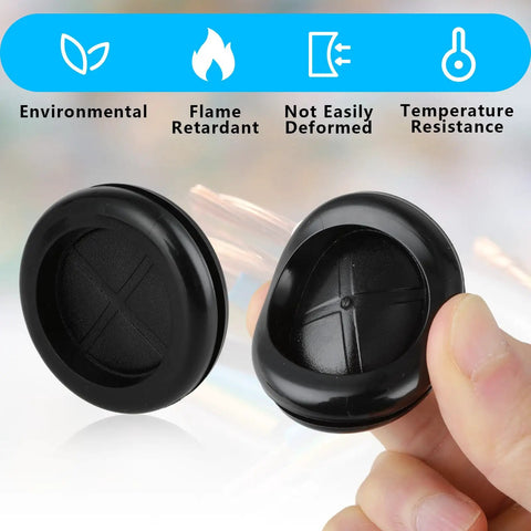 Close-up of Six Pack Heavy Duty Rubber Cable Grommets for Wiring and Firewalls, showing flame retardant material and design.