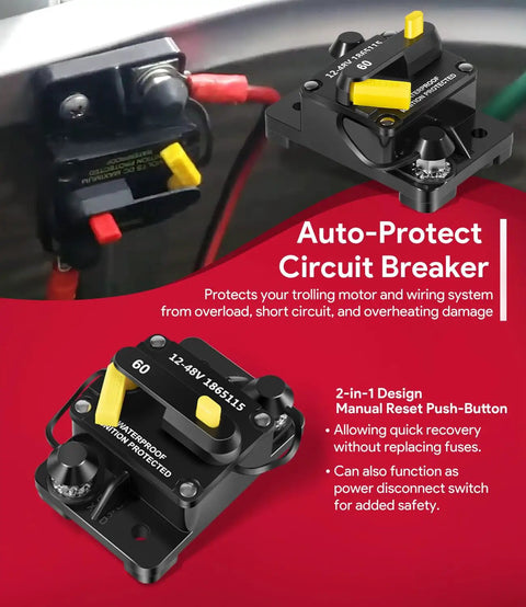 60 Amp Waterproof Circuit Breaker For All 12V To 48V Electric Trolling Motors MKR-27 Replacement Part with Marine Grade Protection