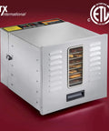 Huge Commercial Food Dehydrator Built Solid With Stainless Steel Trays And Advanced Digital Controls For Drool Worthy Homemade Jerky And Fresh Fruit Snacks You Will Absolutely Devour, featuring stainless steel exterior and clear viewing window.