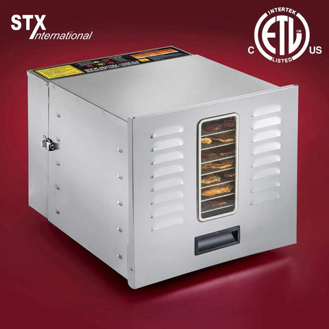 Huge Commercial Food Dehydrator Built Solid With Stainless Steel Trays And Advanced Digital Controls For Drool Worthy Homemade Jerky And Fresh Fruit Snacks You Will Absolutely Devour, featuring stainless steel exterior and clear viewing window.
