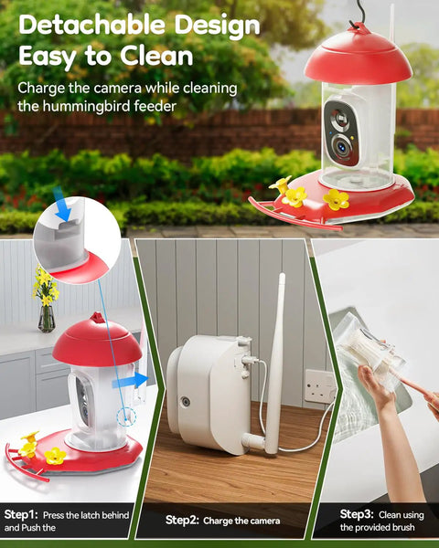 Hummingbird Feeder With Camera For Outdoors Solar Powered 2K Live Video AI Bird ID Ant Guard Base Bee Proof With 3 Feeding Ports Smart Bird Watching Gift.