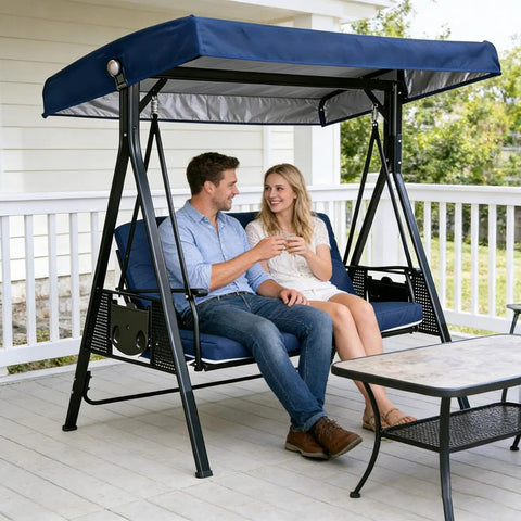 Couple relaxing on heavy duty waterproof 3 seat swing with navy canopy for porch garden backyard bench swing in outdoor setting.