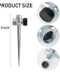 4 Pack 1/2 Inch Zinc Alloy Lawn Sprinkler Spike Bases With Water Flow Through Design, showing 7.9 inch size and threaded detail.