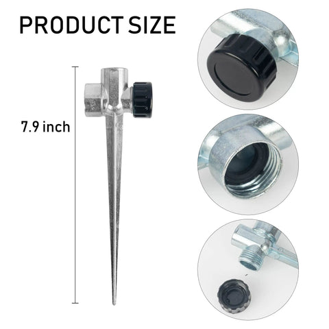 4 Pack 1/2 Inch Zinc Alloy Lawn Sprinkler Spike Bases With Water Flow Through Design, showing 7.9 inch size and threaded detail.