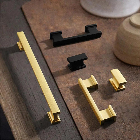 Modern Gold Brushed Cabinet Handles Zinc Alloy Long Drawer Pulls For Kitchen Drawers And Wardrobe Doors With Easy Peasy Mounting shown on a wooden surface.