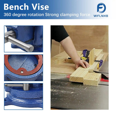 Rock Solid 5 Inch Tabletop Bench Vise With 360 Degree Swivel Base Locking Jaws And Double Lock Down Bolts in use for woodworking