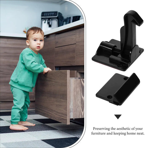 Child near cabinet with No Drilling Required Babyproof Cabinet Locks Kit 12 Pack Invisible Drawer Safety Latches on right
