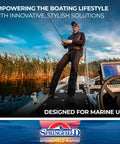Person fishing on a boat using the Heavy Duty Black Plastic Unilock Table Mount For Any Two Three Eight Inch Post With Seven Inch Diameter And Five Hole Pattern Rigged For Marine Boats And Dock Setup Includes Five Year Warranty Zero Sweat Install Guaranteed.
