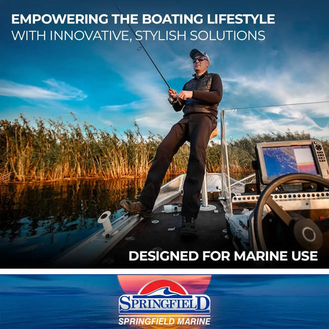 Person fishing on a boat using the Heavy Duty Black Plastic Unilock Table Mount For Any Two Three Eight Inch Post With Seven Inch Diameter And Five Hole Pattern Rigged For Marine Boats And Dock Setup Includes Five Year Warranty Zero Sweat Install Guaranteed.