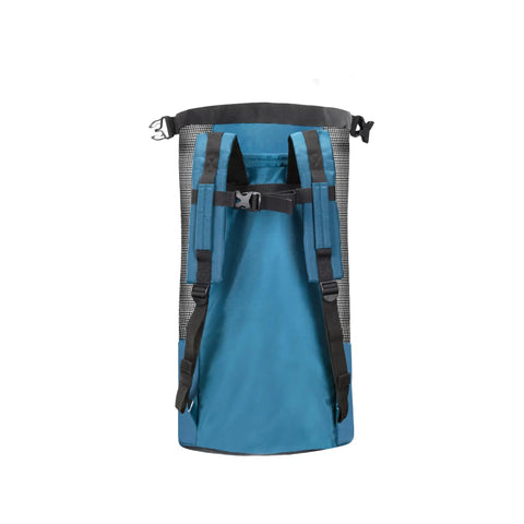 Back view of 65 Mesh Dive Bag With Roll Top Closure And Side Zipper For Snorkeling And Scuba Gear Denim Blue Fabric With Black Lining