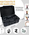 Heavy Duty Outdoor Electrical Box With Tough As Nails IP54 Rain Cover To Keep Your Power Strips Timers And Extension Cords Safe From Wild Weather While Keeping Your Yard Gear Locked And Loaded Year Round In Smooth Black, open with dimensions shown.