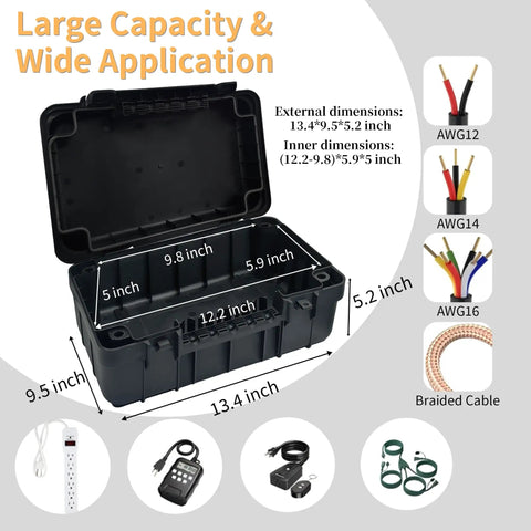Heavy Duty Outdoor Electrical Box With Tough As Nails IP54 Rain Cover To Keep Your Power Strips Timers And Extension Cords Safe From Wild Weather While Keeping Your Yard Gear Locked And Loaded Year Round In Smooth Black, open with dimensions shown.