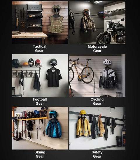 Heavy Duty Wall Mounted Gear Rack For Helmets Vests Belts And More, displaying variety of gear for tactical, cycling, and safety use.