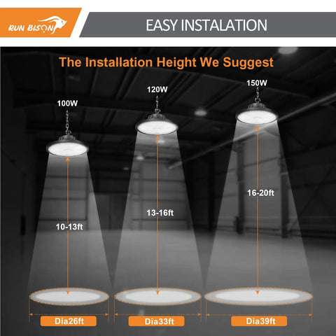 Heavy Duty Led High Bay Lights With Motion Sensor 8 Pack Adjustable Wattage installation height guide with light diameter.