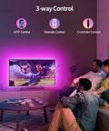 LED TV Backlight Kit For 32 To 43 Inch Screens With Nine Point Eight Foot USB Powered LED Strip That Syncs With Your TV Remote And Bluetooth App DuoCo Strip Control For Dope Mood Lighting And Easy Setup showing 3-way control options.