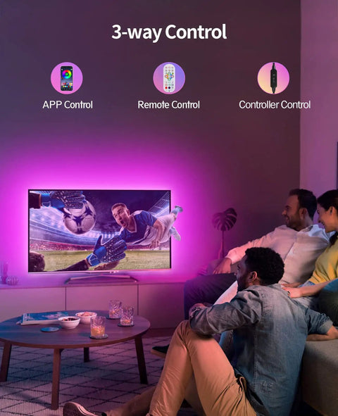 LED TV Backlight Kit For 32 To 43 Inch Screens With Nine Point Eight Foot USB Powered LED Strip That Syncs With Your TV Remote And Bluetooth App DuoCo Strip Control For Dope Mood Lighting And Easy Setup showing 3-way control options.