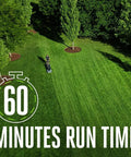 Lawn mowing with Cordless Self Propelled Electric Lawn Mower With Select Cut Blades And Touch Drive, 60-minute runtime highlighted