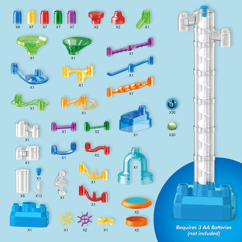 Glow In The Dark Marble Run Kit With 152 Pieces Featuring Motorized Spiral Lift Double Tracks Two Stunt Trampolines 30 glow marbles