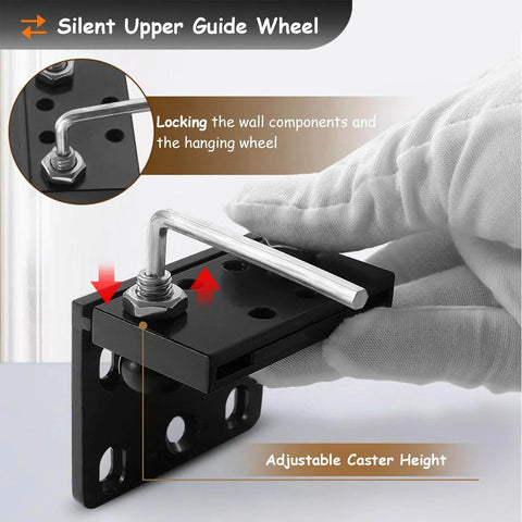 Hidden Sliding Mirror Closet Door Track Kit For Narrow Openings, close-up of silent upper guide wheel with adjustable caster height.