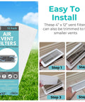 4 By 12 Inch Home Air Vent Filters Pack Of 12 for Floor Register Vents, easy install guide with filter and packaging shown