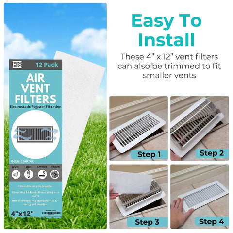 4 By 12 Inch Home Air Vent Filters Pack Of 12 for Floor Register Vents, easy install guide with filter and packaging shown