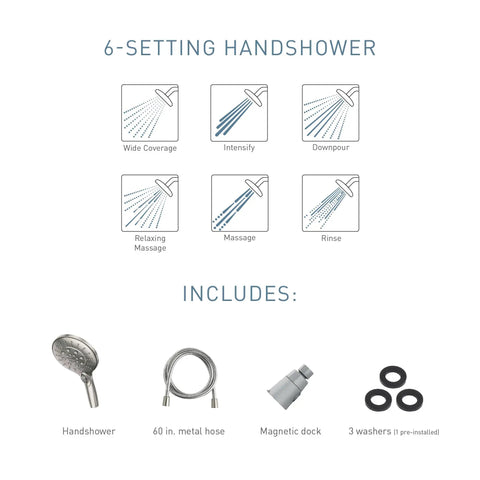 Spot Resist Brushed Nickel Six Function Five And A Half Inch Handheld Showerhead With Magnetic Docking System accessories