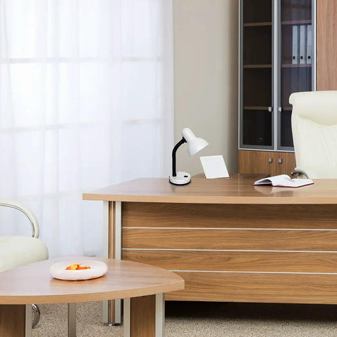 Basic Metal Desk Lamp With Flexible Hose Neck In White Finish on a wooden office desk in a modern room