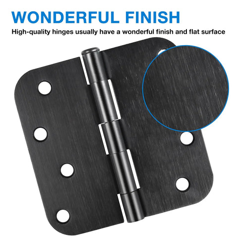 Matte Black 4 Inch Door Hinges 18 Pack with 5/8 Radius, showing finish detail and screw holes, 270 Degree Swing.