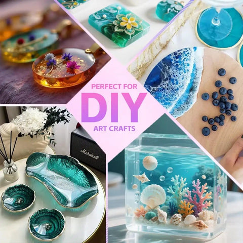 Crystal Clear Epoxy Resin Kit 1 Gallon Self Leveling UV Resistant Rapid Cure For DIY Projects River Tables Woodworking Art Molds Casting Jewelry And Crafts For Beginners And Pros shown in various art and craft applications