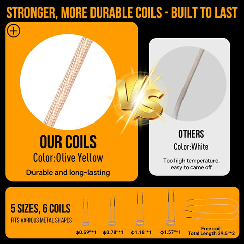 Induction heater 1200W handheld bolt-removal tool with 6 olive-yellow coils and multiple coil sizes.