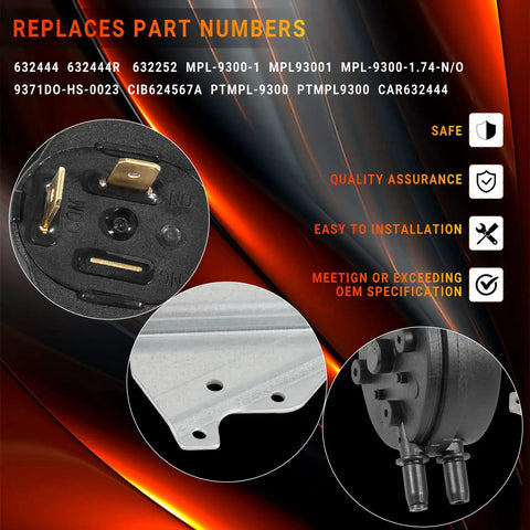 Air Pressure Switch 1.74 In WC Replacement for Intertherm and Miller HVAC Gear, close-up view of fittings and connectors