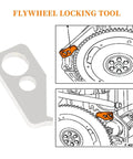Flywheel locking tool diagram showing lock placement on engine components
