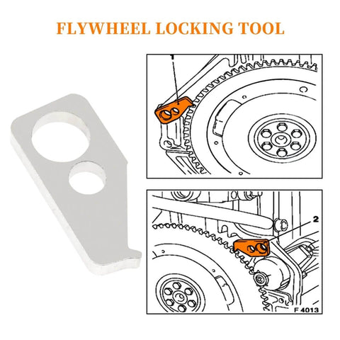 Flywheel locking tool diagram showing lock placement on engine components