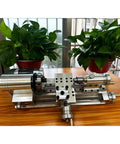 Compact Mini Metal Lathe For Benchtop Use With 3 Jaw Chuck And Tailstock, showing all-steel construction and precision components.