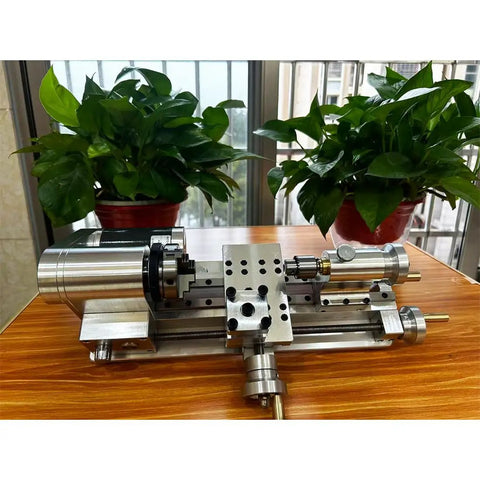 Compact Mini Metal Lathe For Benchtop Use With 3 Jaw Chuck And Tailstock, showing all-steel construction and precision components.