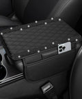 Fresh Universal Leather Center Console Cover With Chic Bling Accents and Handy Dual Storage Pouches To Keep Your Daily Driver Interiors Slick And Fully Organized In Modern Black on car armrest.