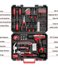 149 Piece Home Drill Set With 12V Red Cordless Drill LED Light 21 Plus 1 Torque Settings 19Nm Lightweight Ergonomic Handy Tool Kit