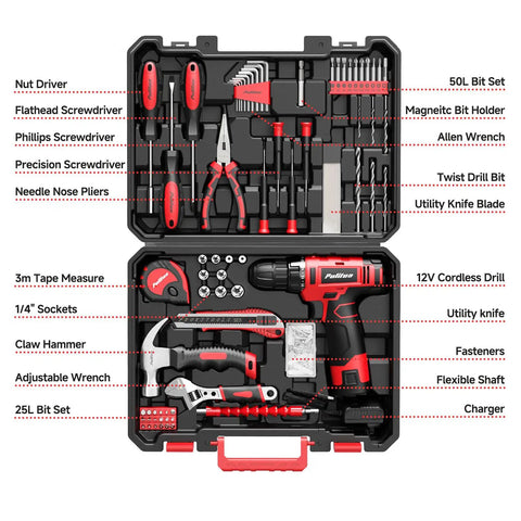 149 Piece Home Drill Set With 12V Red Cordless Drill LED Light 21 Plus 1 Torque Settings 19Nm Lightweight Ergonomic Handy Tool Kit
