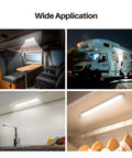 Super Bright 12V LED Interior Light Bar Kit 4 Pack for trailers RVs vans trucks boats and campers shown in various settings