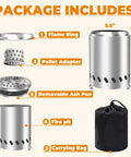 Package includes parts of Smokeless Tabletop Fire Pit With Portable Pellet Stove, Mini Outdoor Bonfire Burner, and carry bag.