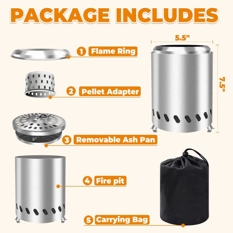 Package includes parts of Smokeless Tabletop Fire Pit With Portable Pellet Stove, Mini Outdoor Bonfire Burner, and carry bag.