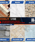 Top Shelf Diamond Core Drill Bit And Tile Hole Saw Kit Featuring Slick Segmented Blades For Precision Cutting Porcelain Ceramic Marble Granite Masonry Complete Multi Size Set With Quick Chamfer Tool For No Sweat Wet Or Dry Jobs displayed with various stone materials including ceramic, marble, granite, masonry, porcelain, and quartz.